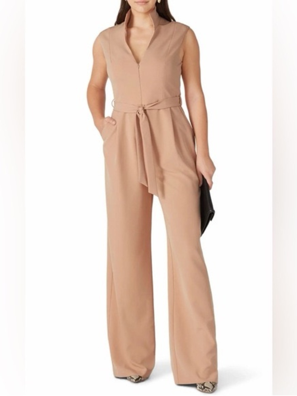 Sleeveless Tie-Waist Wide-Leg Jumpsuit in Beige